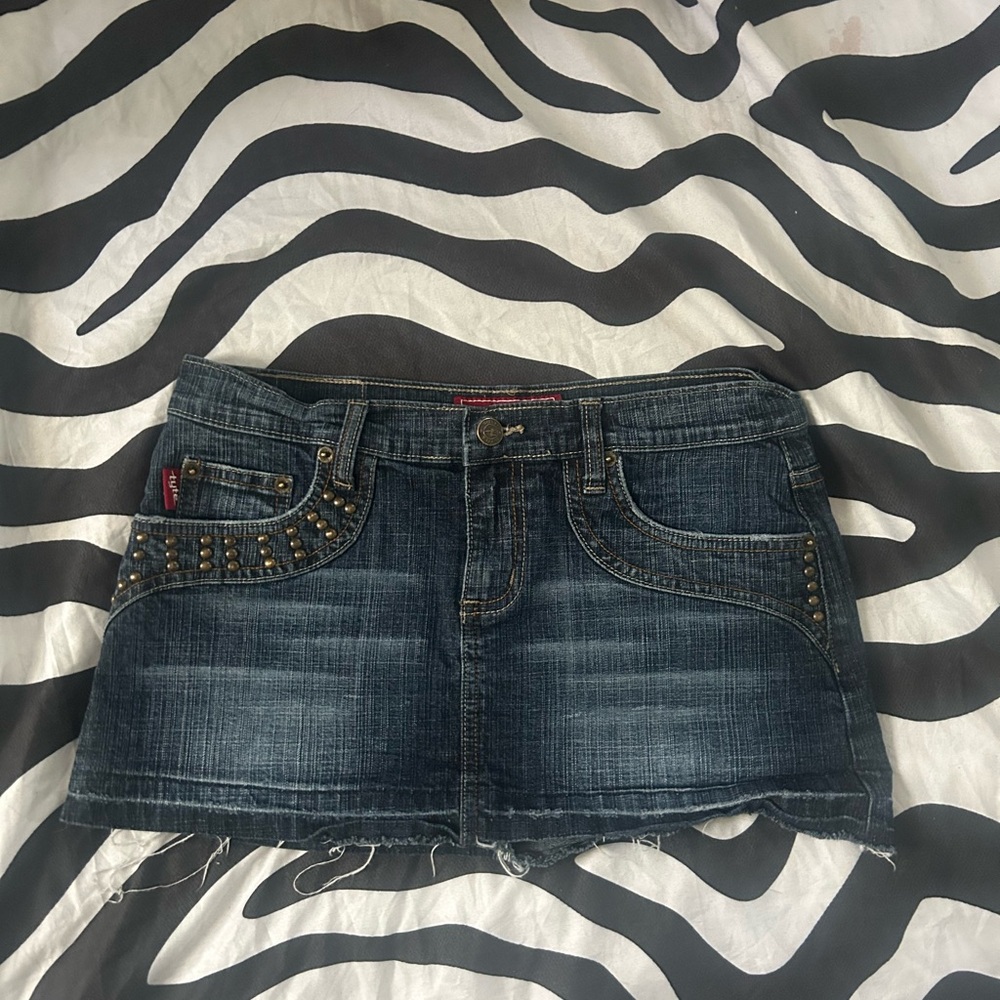 Womans Y2k Blue jean mini skirt with gold studs